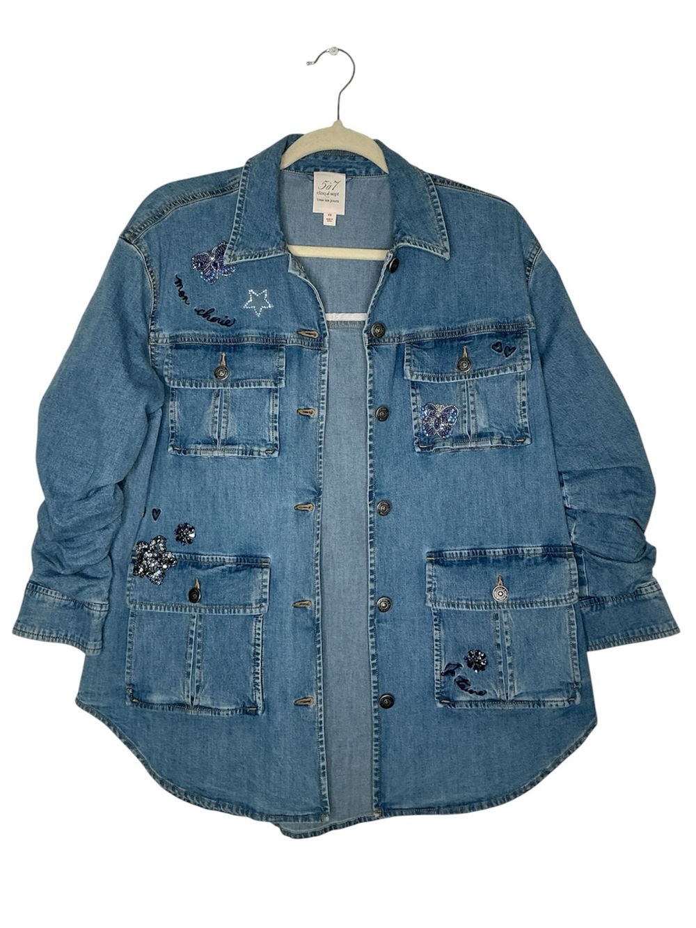 Cinq A Sept t Light Blue Embellished Denim Jacket Size XSmall